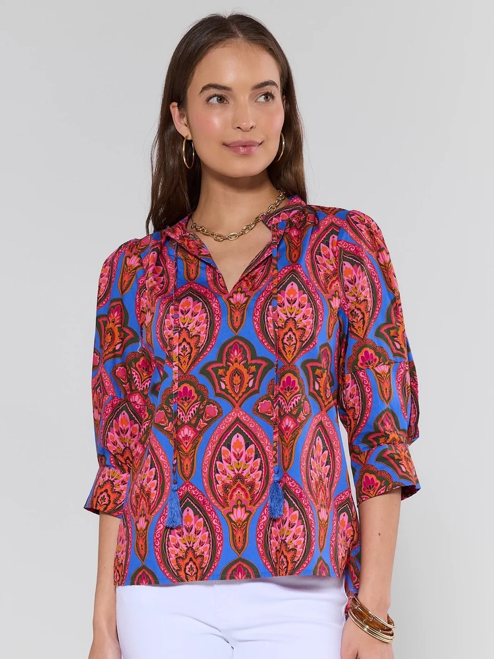 Avara Sybil Blue Pink Magenta Multi Damask Medallion Printed Cotton Blouse Top